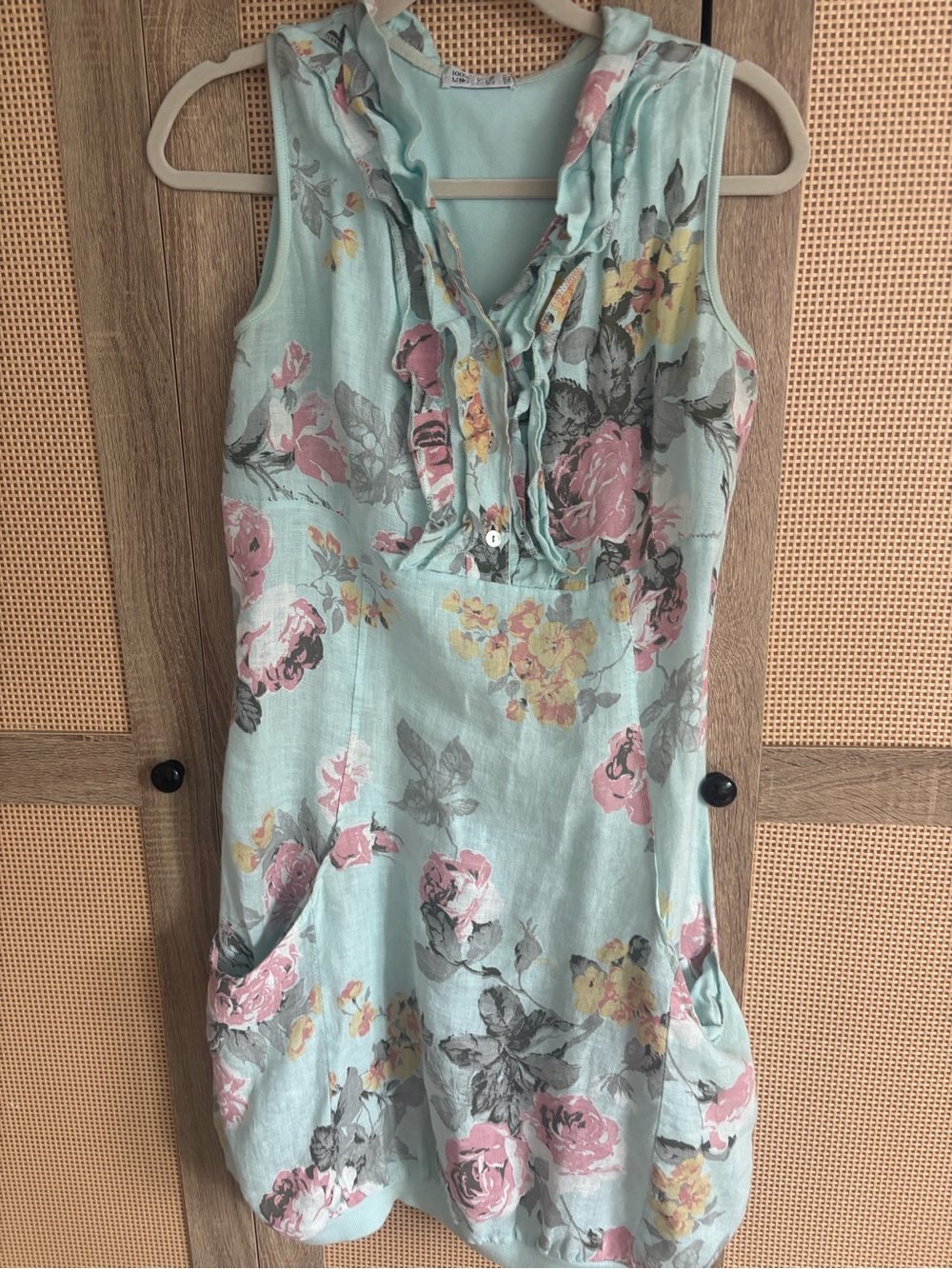 aqua Linen Top with Contrast Trim